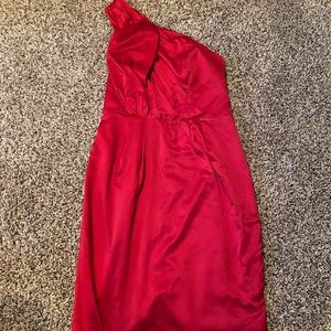 Red satin, one shoulder evening dress